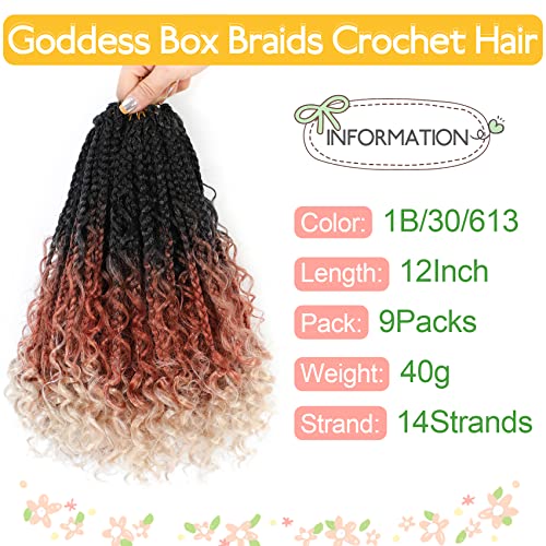 Fulcrum Goddess Box Braids Crochet Hair 12 Inch, 9 Packs Box Braids Crochet Hair for Women, Crochet Braids with Curly Ends (12Inch, 1B/30/613#)