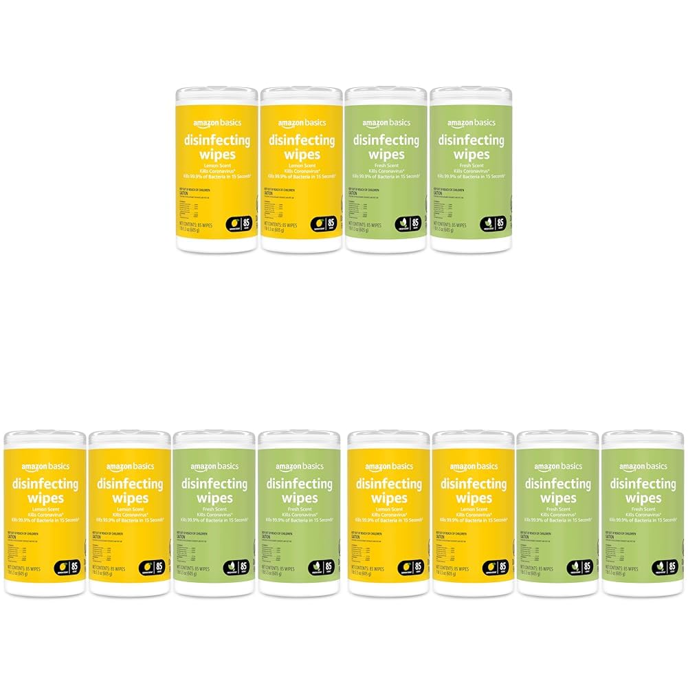Amazon Basics Disinfecting Wipes, Lemon & Fresh Scent, Sanitizes/Cleans/Disinfects/Deodorizes, 1020 Count (12 Packs of 85)