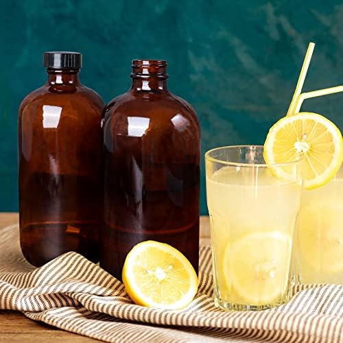 12 Pack 16 oz Amber Boston Round Glass Bottles with Black Caps for Secondary Kombucha Fermentation and Lab Chemicals (2 Funnels and 20 Pieces Black Chalkboard Labels Included)