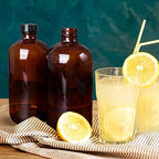 12 Pack 16 oz Amber Boston Round Glass Bottles with Black Caps for Secondary Kombucha Fermentation and Lab Chemicals (2 Funnels and 20 Pieces Black Chalkboard Labels Included)