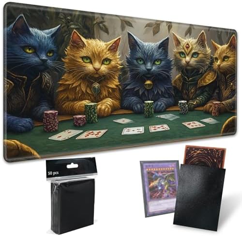 Playmats for Magic: The Gathering MTG Card Game Mat Plus 50 Pcs Card Sleeves, 24 x 14 inch TCG Mat with Stitched Edge for Commander Deck Duskmourn Board Game, Cats Play Poker