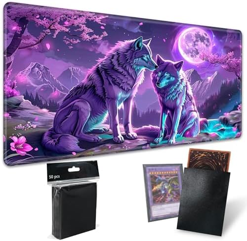 Playmats for Magic: The Gathering MTG Card Game Mat Plus 50 Pcs Card Sleeves, 24 x 14 inch TCG Mat with Stitched Edge for Commander Deck Duskmourn Board Game, Purple Moon Wolf