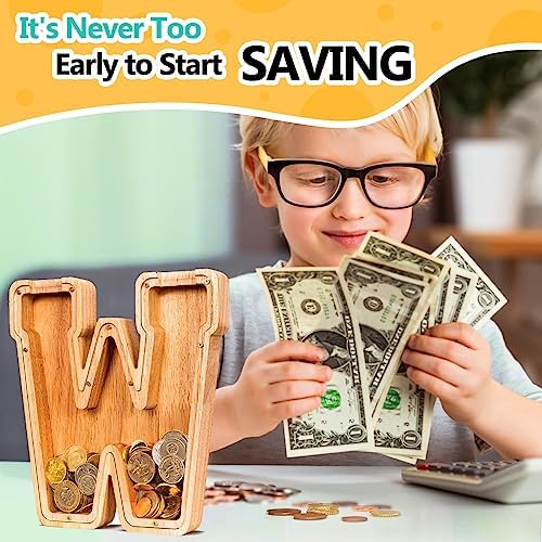 SummiDate Wooden Letter Piggy Bank| Piggy Bank for Boys Girls Toddler| Alphabet W Money Bank| Coin Bank Birthday Gift for Kids|Birthday Gift for Kids (W)