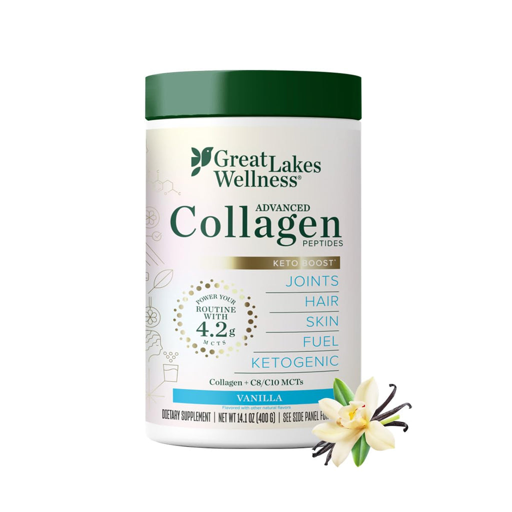 Great Lakes Wellness Keto Boost Advanced Collagen Peptides Powder with 4.2g MCTs - Vanilla Flavored - Nutritiously-Rich Non-Dairy Coffee Creamer or Smoothie Alt - Non-GMO, Kosher - 14.1 oz