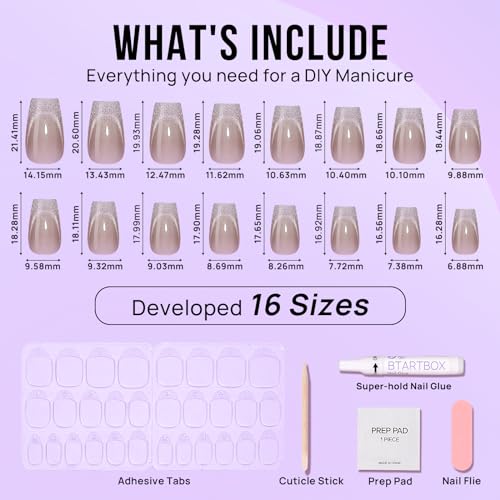 BTArtbox Press On Nails Short - Cat Eye French Tip Press On Nails Coffin, Light Weight & Fit Perfectly Nail Tips, Natural Fake Nail with Glue, Glue On Nails in 16 Sizes - 30 Nail Kit, Milky Way