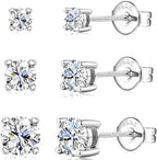 Moissanite Stud Earrings 3 Pairs 18K White Gold Sterling Silver Moissanite Diamond Men's Flat Back Stud Earrings Cartilage Helix Piercing D Color Lab Created Moissanite Earrings