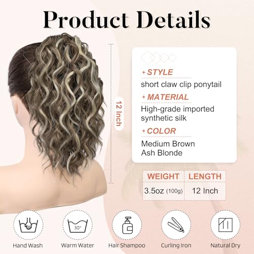 Flufymooz Ponytail Extension, 12" Short Claw Ponytail Extension Wavy Curly Jaw Clip in Pony tails Hair Extension Natural Synthetic Hairpiece for Women (Medium Brown Ash Blonde)