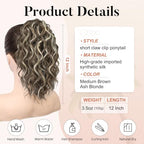 Flufymooz Ponytail Extension, 12" Short Claw Ponytail Extension Wavy Curly Jaw Clip in Pony tails Hair Extension Natural Synthetic Hairpiece for Women (Medium Brown Ash Blonde)