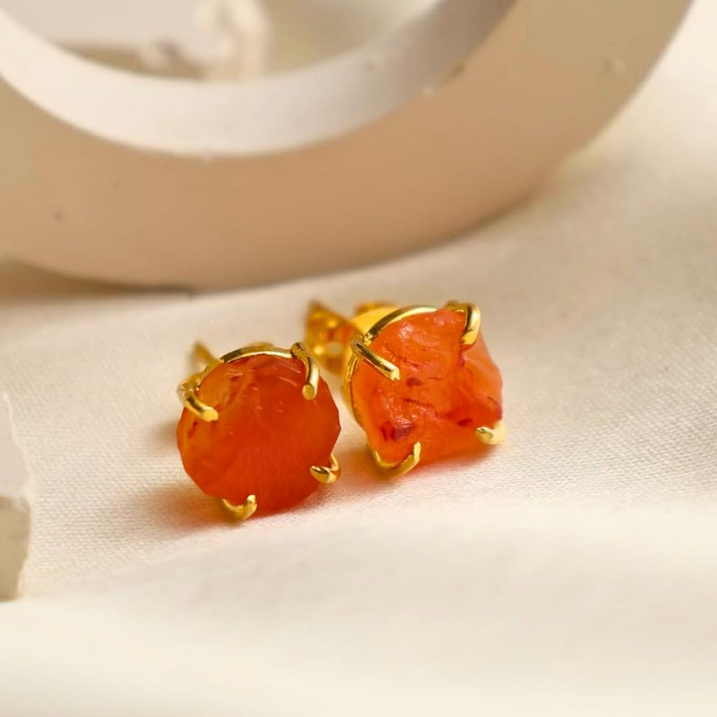 Gempires Raw Orange Carnelian Stud Earrings for Women, Gold Crystal
