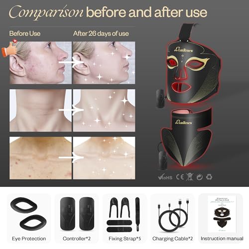 Red Light Therapy for Face Set, Led Mask Light Therapy for Face & Neck, Near-infrared Light 850nm and Red Light 630nm, 5 Gears Energy Adjustment, Black