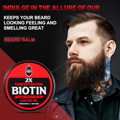 Beard Balm, 2X Concentration Biotin, with Castor Oil and Argan & Jojoba Oils, Promotes Beard Growth, Styles, Strengthens & Softens Beards & Mustaches, 2 Ounce,Unscented