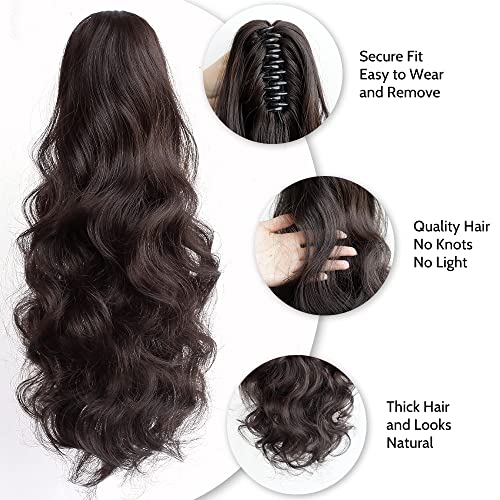 Pony Tails for Women Claw Clip Ponytail Extension Wavy 20" Synthetic Clips in Ponytails Hair Extensions Wigs Fluffy Hairpieces for Wedding Party Daily Use 6 Oz Darkest Brown