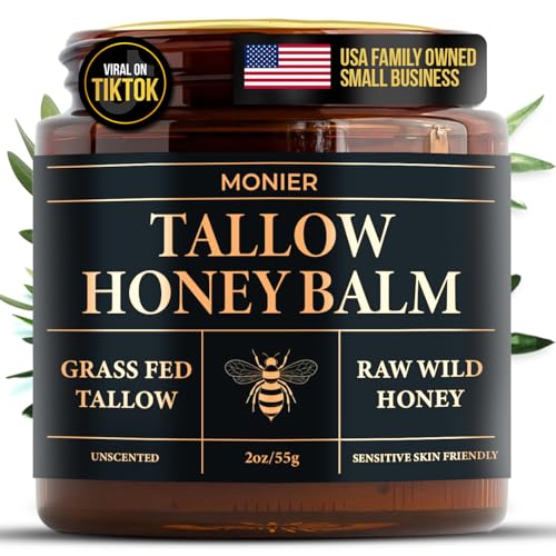 MONIER Tallow and Honey Balm for Face, Beef Tallow for Skin, Moisturizer with 100% Organic Grass-Fed Beef Tallow & Raw Wild Honey - Natural Formula for Dry & Sensitive Skin (Unscented)