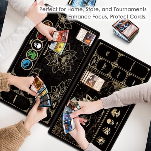 MTG Playmat with Play Zones – Magic Play mat Card Game Mat for Magic The Gathering, Lotus & Basic Lands Design, 24x14 inch, Stitched Edge, Non-Slip Base with Prismatic Playmat Tube-Gold Lotus