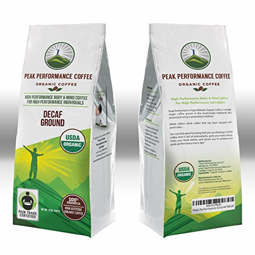 Peak Performance High Altitude Organic Decaf Coffee. Fair Trade, Low Acid, Non GMO, and Beans Full Of Antioxidants. Medium Roast Smooth Tasting USDA Certified Organic Decaffeinated Ground Coffee Bag