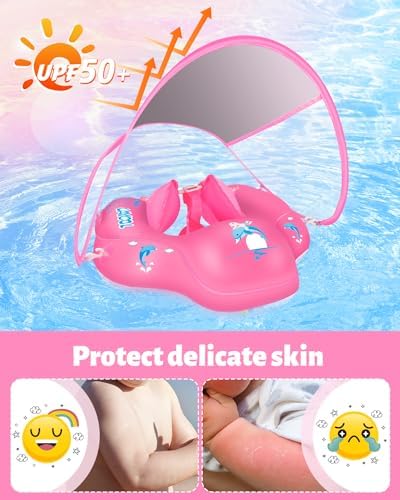 LAYCOL Baby Swimming Float Inflatable Baby Pool Float Ring with Sun Protection Canopy,add Tail no flip Over for Age of 3-36 Months