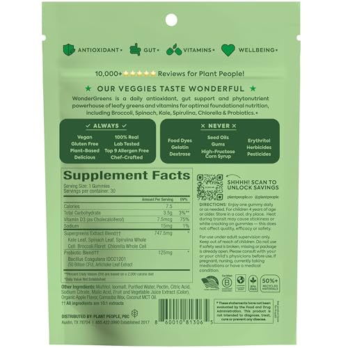 WonderGreens Kids Super Veggie Gummies – Sugar-Free, Allergen-Free Multivitamin for Picky Eaters with Probiotics – Tummy & Immune Support – Green Apple Flavor (30 Count)