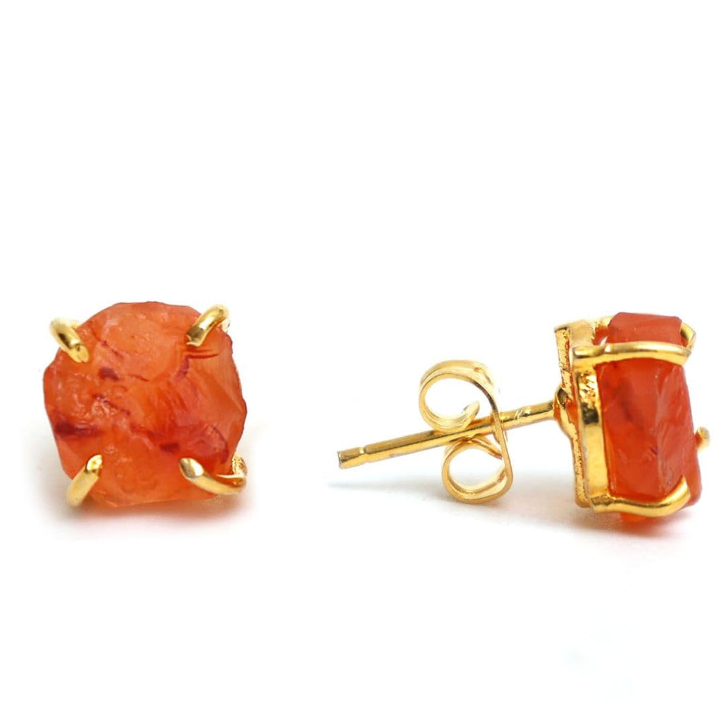Gempires Raw Orange Carnelian Stud Earrings for Women, Gold Crystal