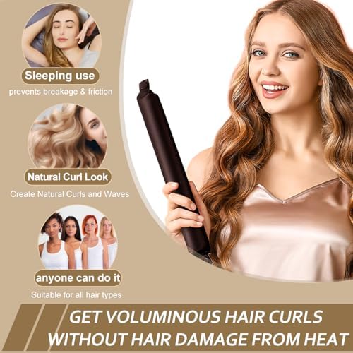 Satin Heatless Hair Curler, 16 Piece Set, Overnight Heatless Curls, Not easy to slip Heatless Curling Rod You Can Sleep In, Soft Silk DIY Hair Styling Tools Kit, Silk Bonnet for Sleeping-Brown