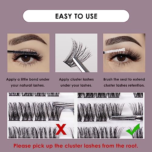 Individual Lashes 120 Cluster Lashes DIY Eyelash Extension Thin Band Wide Stem Lash Clusters with Applicator and Lash Bond and Seal Lash Extension Kit Mix 10-16mm Length C/D Curl - OP06