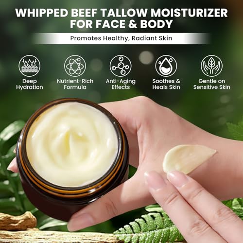 Whipped Beef Tallow Balm for Skin, 5 oz - 8-in-1 Organic Multi-Use Natural Moisturizer for Face, Body, Lips - Hydrates Dry & Cracked Skin with Grass-Fed Ingredients, Collagen, Manuka Honey (Unscented)