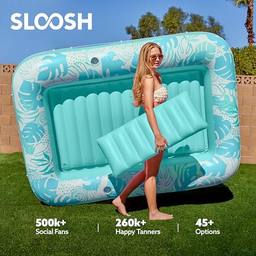 SLOOSH Inflatable Tanning Pool Lounger Float,85" x 57" Extra Large Pool Floats Adult with Pillow,4 in 1 Suntan Tub Raft Floatie,Sunbathing Bed Lounge Blow Up Ball Pit Party Gifts,XL-Cyan White