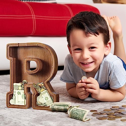 Summidate Customized Name Extra Large Wooden Piggy Bank for Kids Boys Girls Alphabets Letter A-Z Coins Bills Money Change Saving Box Clear Cover (Laser Engraved) Educational Toys 12"- Letter R