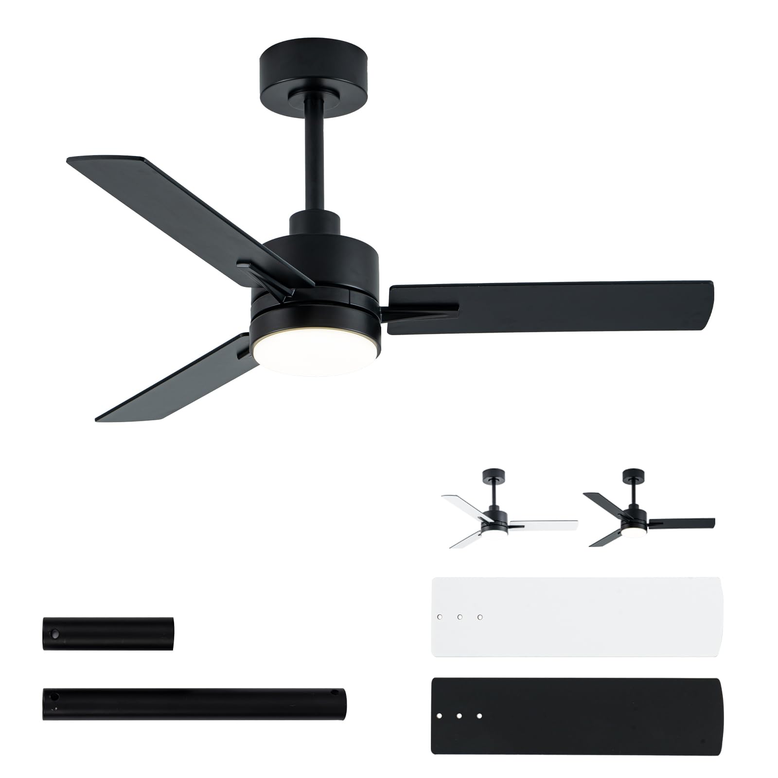 LANMEL 42 Inch Metal Ceiling Fan with Light, Modern Flush Mount Low Profile with Remote Control, Reversible, 3cct Dimmable, Quiet, Black LED for Bedroom, Living Room, Indoor/Outdoor Patio Use