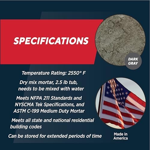 Rutland Dry Mix Refractory Mortar, Masonry & Fire Brick Cement, No Heat Cure Required, Dark Gray, 2550F, 2.5 lb Tub