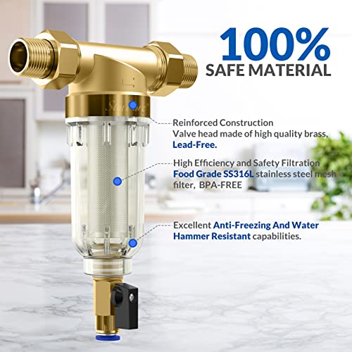 SimPure 100/500 Micron Spin Down Sediment Filter, Reusable Whole House Sediment Water Filter, Pre-Filtration System for City/Well Water, 1" MNPT + 3/4" FNPT + 3/4" MNPT, BPA Free