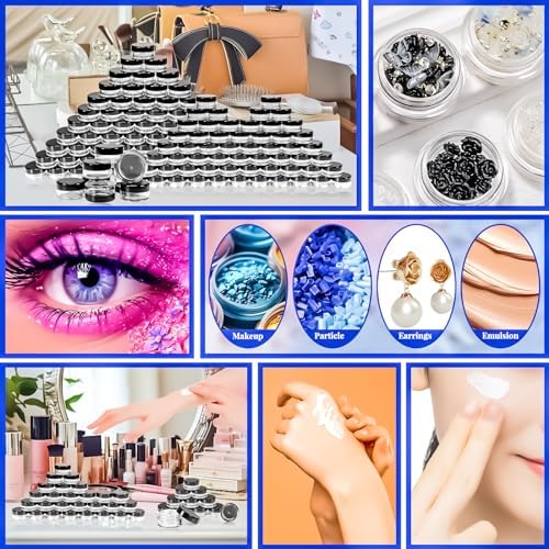 MotBach 100 Pcs 5g Empty Plastic Containers with Black Lids,Mini Makeup Sample Containers, Small Sample Pot Jars Round Cosmetic Jars with Mini Spatulas for Liquid Sample Powder Creams Lotions