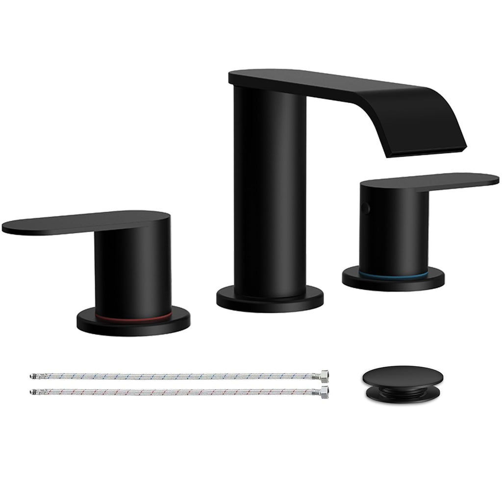 Matte Black Waterfall Bathroom Faucet for Sink 3 Hole 8 Inch Widespread Bathroom Sink Faucets with Pop-up Drain Supply Lines Stainless Steel 2-Handle Bathroom Sink Faucet for Bath Vanity Homevacious