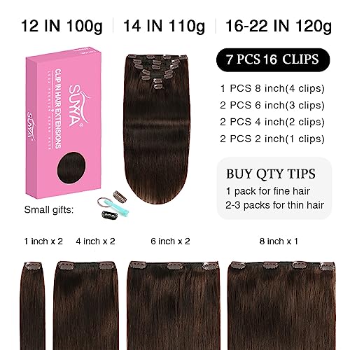 SUYYA Clip in Hair Extensions Real Human Hair,Human Hair Extensions Clip ins Straight Human Hair Clip ins Double Weft Hair Extensions Clip ins 7pcs 120g(18 inches #2 Darkest Brown)