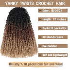 COOKOO 12 Inch 8 Pcs Boho Yanky Twist Crochet Hair with Curly Ends Ombre Brown and Blonde Bouncy Passion Twist Synthetic Braids Pre-looped Micro Spring Twist Hair Yanky Twists for Women 1B/30/27#