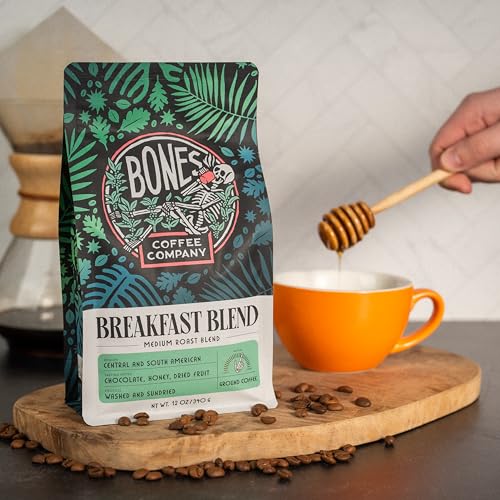 Bones Coffee Company Breakfast Blend Coffee Beans, Whole Bean Coffee Medium Roast Low Acid (12 oz)