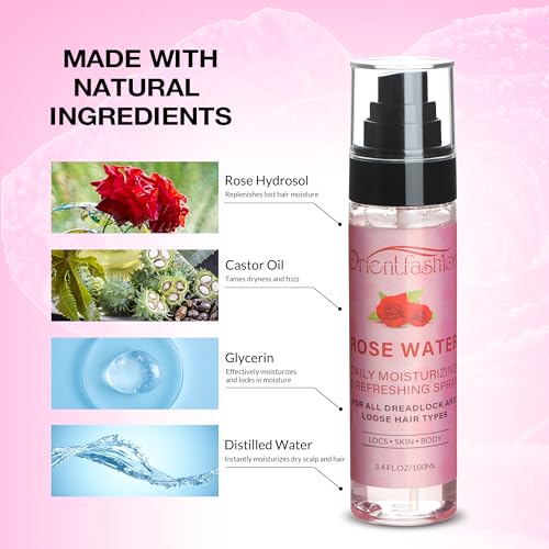 Moisturizing Refreshing Spray for Locs - Rose Water and Peppermint Hair Scalp Moisturizer Natural Loc Care and Maintenance (Rose, 3.4 Fl oz)