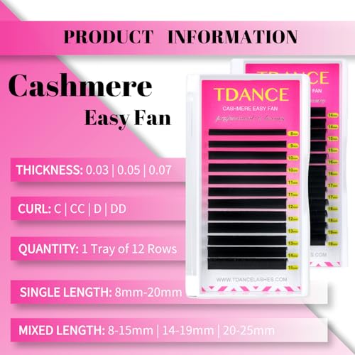 TDANCE Cashmere Easy Fan Lash Extensions 0.07mm C Curl Self Fanning Volume Lash Extensions 10mm Single Length Matte Black Lash Extensions(0.07-C,10mm)