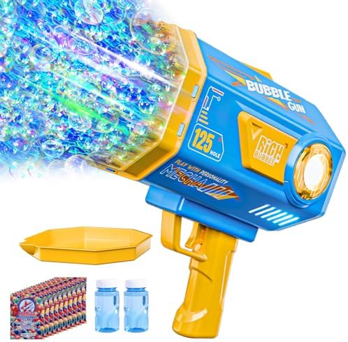 BOMOCO Bubble Gun, 125 Holes Bubble Machine Bubbles for Kids Age 3-12, Bubble Blaster Gun with Bubble Solution Summer Outdoor Bubble Toys Birthday Wedding Party Favors Bubble Maker Blower,Blue