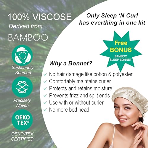 Sleep ‘N Curl - 100% Pure Biodegradable Bamboo Silk - Heatless Hair Curler KIT with Pure Bamboo Silk Cap (Bonnet) All Natural