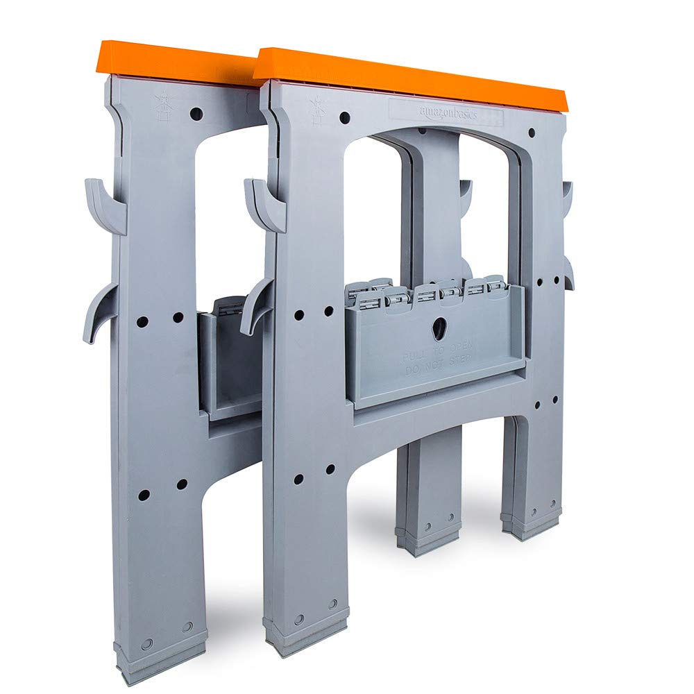 Amazon Basics Rectangular Folding Sawhorse, Collapsible, Folds Flat, 900 Pound Capacity, Set of 2, Orange and Grey