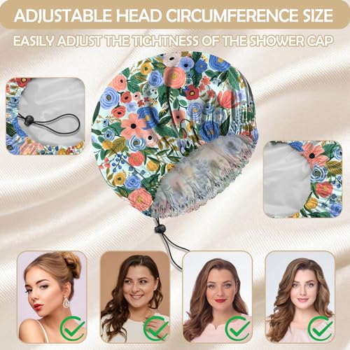 2 PCS Shower Cap Reusable Waterproof Double Layer Elastic Adjustable Hair Bath Caps Cute Aesthetic for Women Girls-Flowers