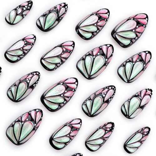3D Butterfly Wings Press on Nails Green Gradient False Nails Black Curve Line Gel Glue on Nails Medium Almond Glossy Pink Ombre Acrylic Fake Nails Sparkly Powder Stick on Nail for Coquette Women 24Pcs