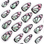 3D Butterfly Wings Press on Nails Green Gradient False Nails Black Curve Line Gel Glue on Nails Medium Almond Glossy Pink Ombre Acrylic Fake Nails Sparkly Powder Stick on Nail for Coquette Women 24Pcs