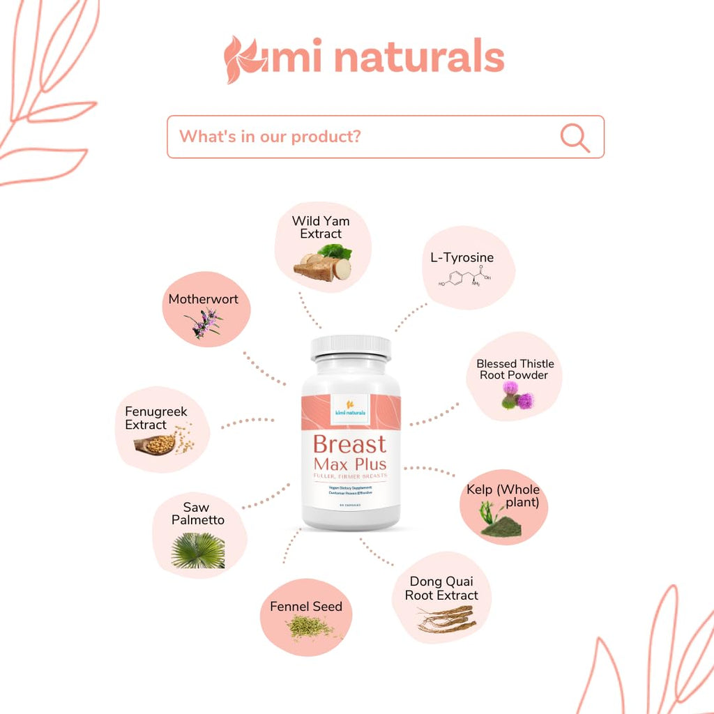 KIMI Naturals Breast Max Plus - Breast Enhancement Pills | Breast Enlargement Supplements with Fenugreek, Breast Growth, Supports Breast Firmness | 90 Capsules
