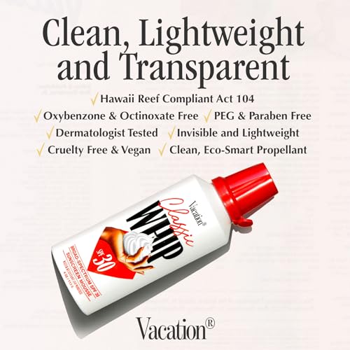 Vacation Classic Whip SPF 30 & Air Freshener Bundle, Whipped Sunscreen Mousse, Water-Resistant, Hydrating, "Lighter-Than-Air" Feel, Dermatologist-Tested, Vegan, 4 Oz.