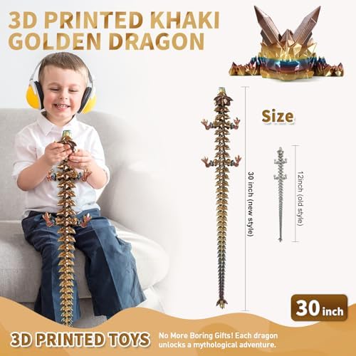 Large 3D Printed Dragon,30 Inch 3D Dragon Toys,Bigger Fidget Crystal Animals Toys, 3D Printed Articulated Animals for Home Office Car Desk Decor(Khaki Gold, 30 inch)