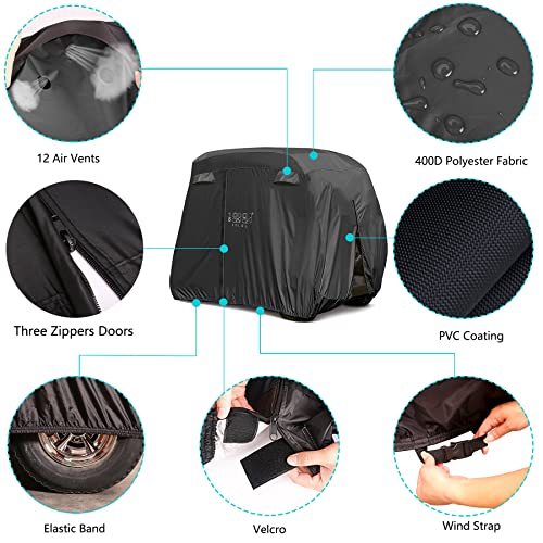 10L0L 4 Passenger Golf Cart Cover Fits EZGO, Club Car, Yamaha, 400D Waterproof Windproof Sunproof Outdoor All-Weather Polyester Full Cover with Three Zipper Doors - Black