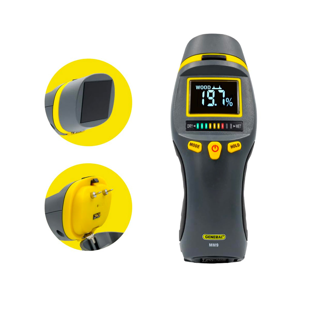 General Tools MM9 Pin & Pinless Moisture Meter – Dual Moisture Detector for Wood, Drywall & Building Materials – Digital Display, Scan & Pin Modes, Data Hold
