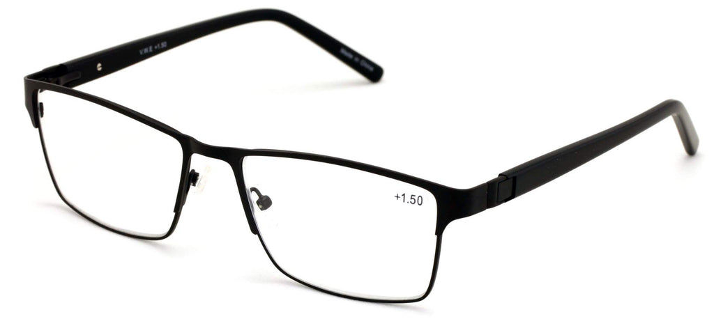V.W.E. Men Premium Rectangle Metal with Plastic Temple Extra Large Reader - 152mm Wide Frame Reading Glasses (Black, 1.50)