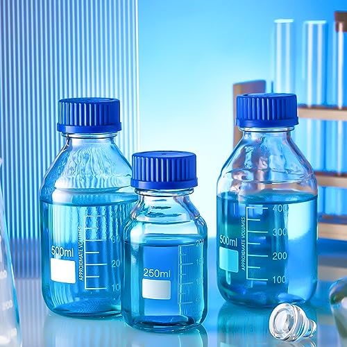 Chuarry 16 Pieces Media Storage Bottles Borosilicate Storage Glass Bottle Scientific Round Graduated Media Bottle with Blue Gl45 Screw Cap for Lab Water Reagent Liquids (500 ml)